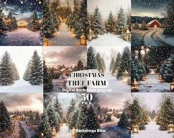 May include: A digital backdrop set of 50 Christmas tree farm images. The images feature snowy scenes with Christmas trees, lights, and a red barn. The text "CHRISTMAS TREE FARM" and "Digital Backdrops png set" is displayed on the image.
