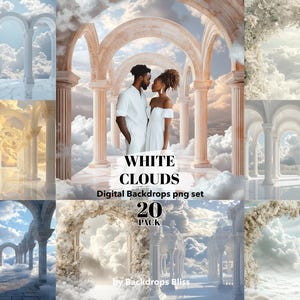 May include: A digital backdrop set featuring various scenes with white clouds, arches, and columns. The image includes a couple in white attire, with text that reads "WHITE CLOUDS Digital Backdrops png set 20 PACK by Backdrops Bliss."