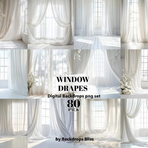 Puede incluir: Un conjunto de 80 imágenes de fondo digital que presentan cortinas blancas transparentes y ventanas. Las imágenes son perfectas para fotógrafos y diseñadores gráficos que buscan crear un fondo suave, aireado y elegante para sus fotos y diseños.