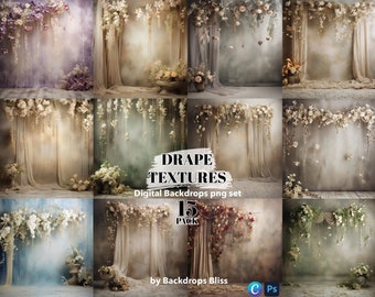May include: A set of 15 digital backdrop images featuring draping fabric and floral arrangements. The backdrops are in various shades of brown, beige, and grey with a soft, dreamy feel. The text "DRAPE TEXTURES" and "Digital Backdrops png set" is displayed on the image.
