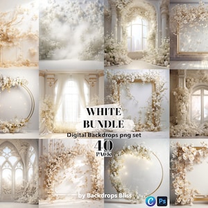 May include: A digital backdrop bundle featuring 40 white floral and archway designs. The backdrops are perfect for wedding photography, newborn photography, and other special events. The bundle includes a variety of styles, including floral wreaths, arches, and windows. The backdrops are all high-resolution and can be used in any photo editing software.