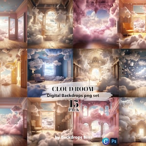 May include: A set of 15 digital backdrops featuring rooms filled with clouds. The backdrops are perfect for creating whimsical and dreamy scenes. The text "CLOUD ROOM Digital Backdrops png set 15 PACK by Backdrops Bliss" is visible in the image.