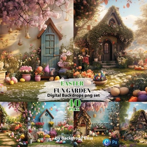May include: A digital backdrop set of 40 Easter-themed images featuring whimsical garden scenes with colorful eggs, flowers, and charming houses. The set is perfect for creating festive digital backgrounds for photos, crafts, and other creative projects.