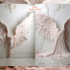 Puede incluir: Un par de alas de &aacute;ngel grandes de color rosa con detalles de plumas. Las alas se muestran contra una pared blanca con molduras ornamentadas. El texto "PINK ANGEL WINGS" se muestra sobre las alas. El texto "by Backdrops Bliss" se muestra debajo de las alas.