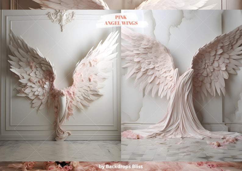 Puede incluir: Un par de alas de &aacute;ngel grandes de color rosa con detalles de plumas. Las alas se muestran contra una pared blanca con molduras ornamentadas. El texto "PINK ANGEL WINGS" se muestra sobre las alas. El texto "by Backdrops Bliss" se muestra debajo de las alas.