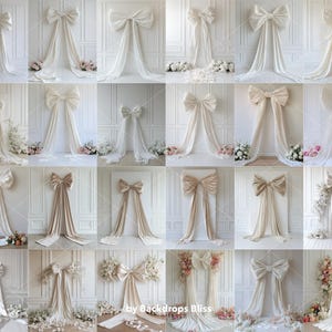 May include: A collection of 16 digital backdrop images featuring large white and beige fabric bows. The bows are arranged in a grid pattern on a white background with decorative molding.