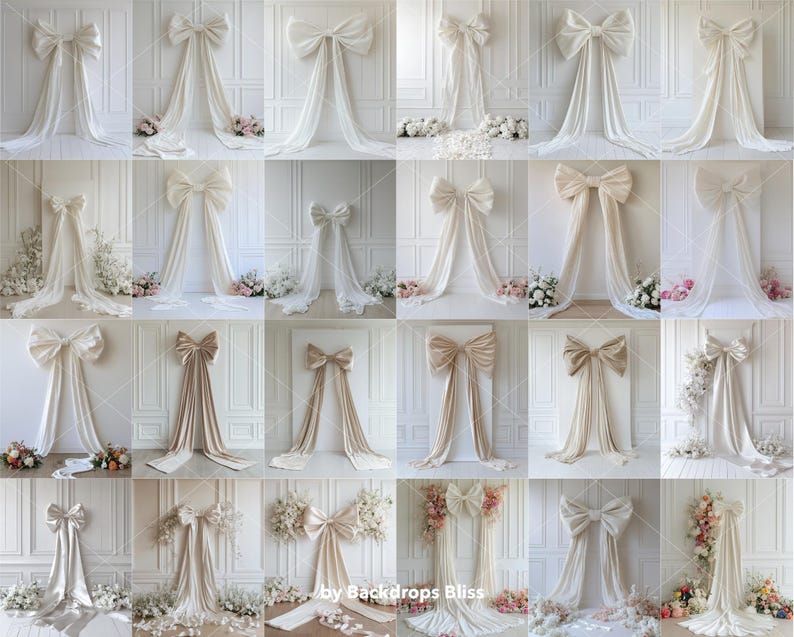 May include: A collection of 16 digital backdrop images featuring large white and beige fabric bows. The bows are arranged in a grid pattern on a white background with decorative molding.