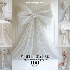 Pode incluir: Um conjunto de 100 fundos digitais PNG de laços brancos. A imagem mostra um laço branco grande com textura brilhante, um laço branco com textura lisa e um laço branco com textura transparente. O texto "WHITE BOW PNG Digital Backdrops png set 100 PACK" é exibido na imagem.
