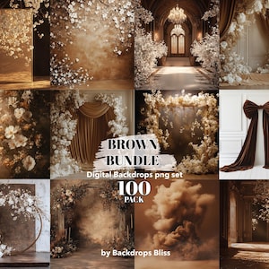 May include: A digital backdrop bundle featuring 100 brown-toned images. The images include a variety of scenes, such as a castle hallway, a room with a brown velvet curtain, and a floral arrangement. The bundle is called "Brown Bundle" and is by Backdrops Bliss.