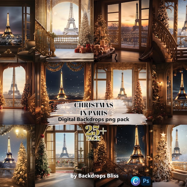 Christmas digital backdrop Christmas in Paris digital backdrop Eiffel tower backdrop maternity Backdrop Portrait Photo Paris by night bundle