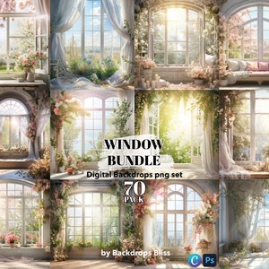 May include: A digital backdrop bundle of 70 window scenes. The images feature windows with white frames and curtains, overlooking a lush green garden with blooming pink flowers. The sun shines through the windows, creating a warm and inviting atmosphere. The text "WINDOW BUNDLE" and "Digital Backdrops png set" is displayed in the center of the image. The text "70 PACK" is displayed below the text "Digital Backdrops png set". The text "by Backdrops Bliss" is displayed at the bottom of the image.