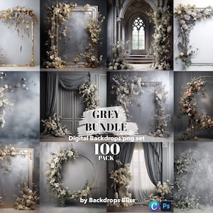 Peut inclure: Un lot de 100 fonds d'écran numériques gris avec des arrangements floraux et des éléments décoratifs. Le lot comprend une variété de scènes, telles qu'une fenêtre avec vue, une arche florale et un cerceau avec des fleurs. Le texte "GREY BUNDLE Digital Backdrops png set 100 PACK by Backdrops Bliss" est affiché sur l'image.