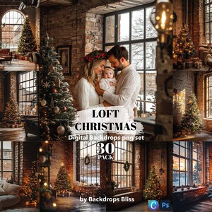 May include: A digital backdrop set of 30 images featuring a loft-style Christmas scene with a decorated Christmas tree, brick walls, and large windows. The set is titled "Loft Christmas Digital Backdrops png set 30 Pack" and is by Backdrops Bliss.