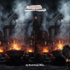 May include: A Halloween backdrop featuring a dark, smoky, gothic-style room with cauldrons, flames, and two figures dressed in black with sugar skull makeup. The text "HALLOWEEN POTION CAULDRONS" is visible at the top of the image.