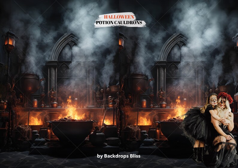 May include: A Halloween backdrop featuring a dark, smoky, gothic-style room with cauldrons, flames, and two figures dressed in black with sugar skull makeup. The text "HALLOWEEN POTION CAULDRONS" is visible at the top of the image.