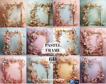 May include: A set of 60 digital floral backdrops featuring pastel colors and gold frames. The backdrops are perfect for photographers and graphic designers looking to create beautiful and unique images.
