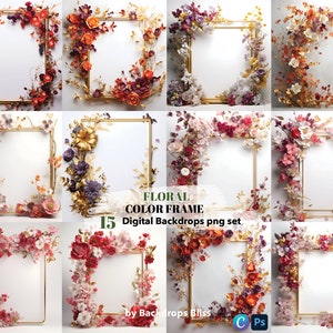 Colorful Floral frame Digital Backdrop Maternity digital Backdrop bright floral frame gold Overlay Studio Backdrop Overlay Fine Art Texture