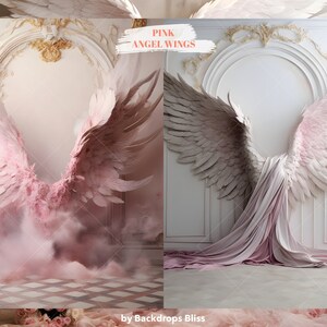 Puede incluir: Dos juegos de grandes alas de &aacute;ngel rosas, un juego con un efecto de humo rosa y el otro con un drapeado de tela rosa. Las alas est&aacute;n en una habitaci&oacute;n blanca con adornos dorados.