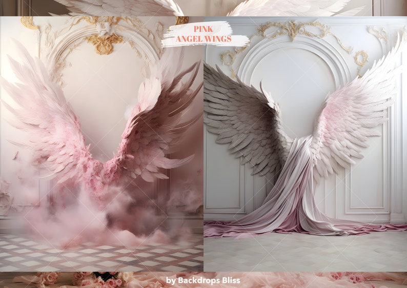 Puede incluir: Dos juegos de grandes alas de &aacute;ngel rosas, un juego con un efecto de humo rosa y el otro con un drapeado de tela rosa. Las alas est&aacute;n en una habitaci&oacute;n blanca con adornos dorados.