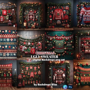Peut inclure: Un ensemble de 15 fonds d'écran numériques représentant des pulls de Noël moches. Les fonds d'écran sont de styles variés, notamment un motif en tricot vert et rouge, un mur en bois avec une couronne et une porte avec une couronne. Le texte "CHRISTMAS UGLY SWEATER 15 Digital Backdrops png set by Backdrops Bliss" est en bas de l'image.