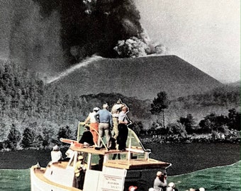 May include: A white boat with the word "AUDUBON" on the side, filled with people, is sailing in front of a large, dark, volcanic eruption. The caption "Ventilation" is visible in the top left corner of the image.