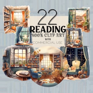 Watercolor Cozy Reading Nook Clipart, Bookworm Book PNG Bundle, Cozy Cottagecore - Rainy Day Reading Corner - Reading By Window - Book Lover