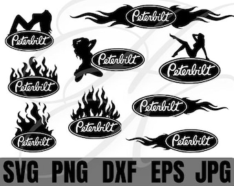 May include: A set of ten black and white vector graphics featuring the Peterbilt logo with flames and other designs. The logos are in a variety of styles, including a stylized flame, a woman in a suggestive pose, and a simple oval.