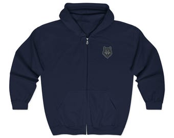 Small Grey Wolf Crest Zip Hoodie | Wolf Logo Full Zip Hooded Sweatshirt