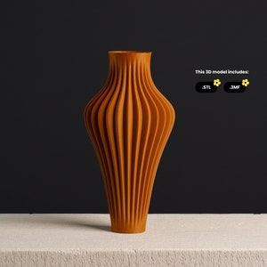 May include: A 3D printed vase with a ribbed design. The vase is a light brown colour and has a rounded, bulbous shape. This 3D model includes .STL and .3MF files.