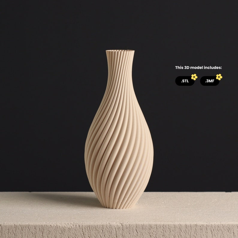 May include: A light brown ceramic vase with a swirling, textured design. This 3D model includes .STL and .3MF files.