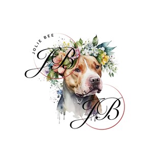 May include: Watercolor illustration of a brown and white dog wearing a floral crown. The dog is centered in front of two red circles with the text "JOLIE BEE" and the letters "JB" in a cursive font. The image has a white background.