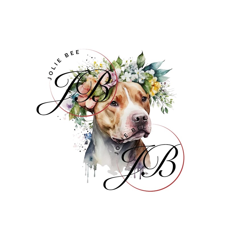 May include: Watercolor illustration of a brown and white dog wearing a floral crown. The dog is centered in front of two red circles with the text "JOLIE BEE" and the letters "JB" in a cursive font. The image has a white background.