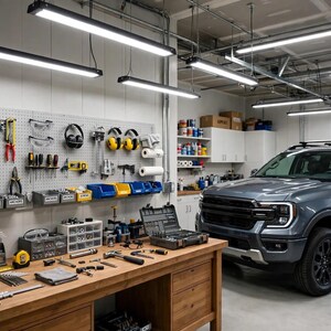 May include: A garage workshop featuring a gray pickup truck parked next to a wooden workbench. The wall is covered with a pegboard holding various hand tools, while overhead LED light fixtures illuminate the organized workspace.