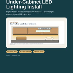Könnte beinhalten: Ein Home Fix-It Guide Band 33 mit dem Titel Under-Cabinet LED Lighting Install. Er enthält eine Illustration von Küchenschränken mit einem selbstklebenden LED-Streifen, der ein warmes 2700K-Licht, einen versteckten Treiber und schattenfreie Arbeitsflächen zeigt.