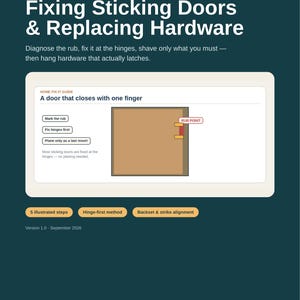 以下が含まれることがあります： Home Fix-It Guide Volume 09: Fixing Sticking Doors & Replacing Hardwareというタイトルのダークティール色の説明ガイド。赤い摩擦点のあるドアの図、ヒンジ修理の手順テキスト、および「5 illustrated steps」、「Hinge-first method」、「Backset & strike alignment」とラベル付けされたオレンジ色のボタンが特徴です。