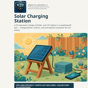 Puede incluir: Una guía de bricolaje para una estación de carga solar con un panel de 25 vatios sobre un soporte de madera, un controlador de carga y una batería de 12V en una caja resistente a la intemperie. Incluye lista de piezas e ilustraciones.