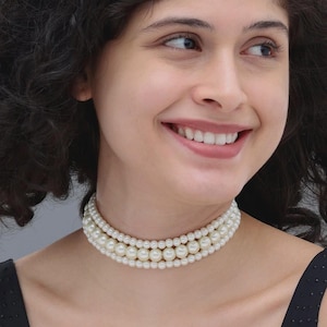 Triple Layer Pearl Choker Necklace – Adjustable Bridal Statement Jewellery – Vintage Inspired Elegant Gift for Her