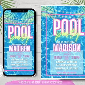 Pink Neon Pool Party Invitation, Editable Template, Summer Party, Tropical Invite, Text Invite, Evite, Digital Invite, Instant Download