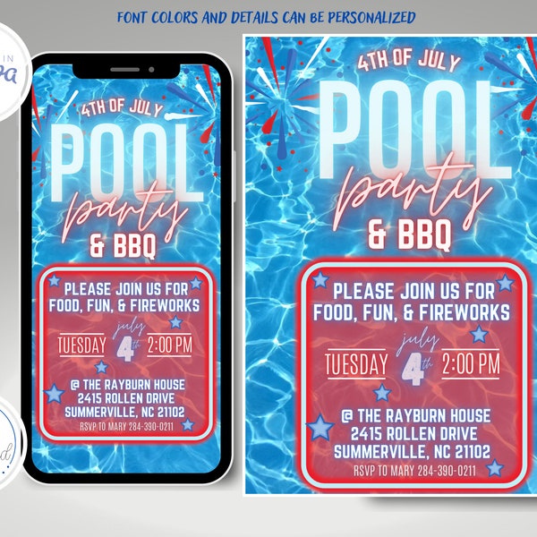 Editable 4th of July Pool Party Invitation, Summer Party, BBQ Invite, Text Invite, Fourth of July Party, Independence Day, Digital Invite