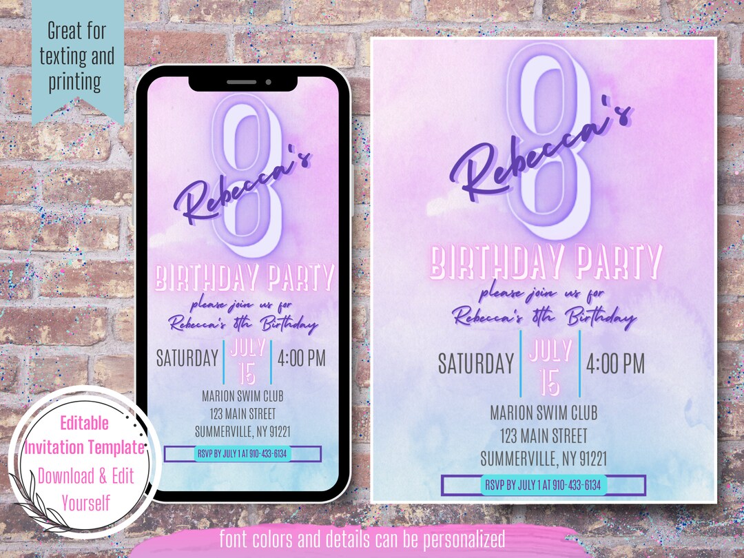 Ombre Pastel Birthday Invitation, Editable Template, Unicorn