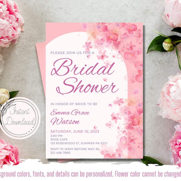 Pink Floral Bridal Shower Invitation, Garden Party, Watercolor, Editable Template, Photo Invite, Digital, Instant Download