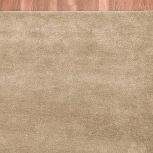 Op de afbeelding: Een rechthoekig, beige tapijt met een zacht, getextureerd oppervlak. Het tapijt ligt op een houten vloer met een warme, roodbruine tint. De hoek van het tapijt is zichtbaar en toont zijn zachte uitstraling.
