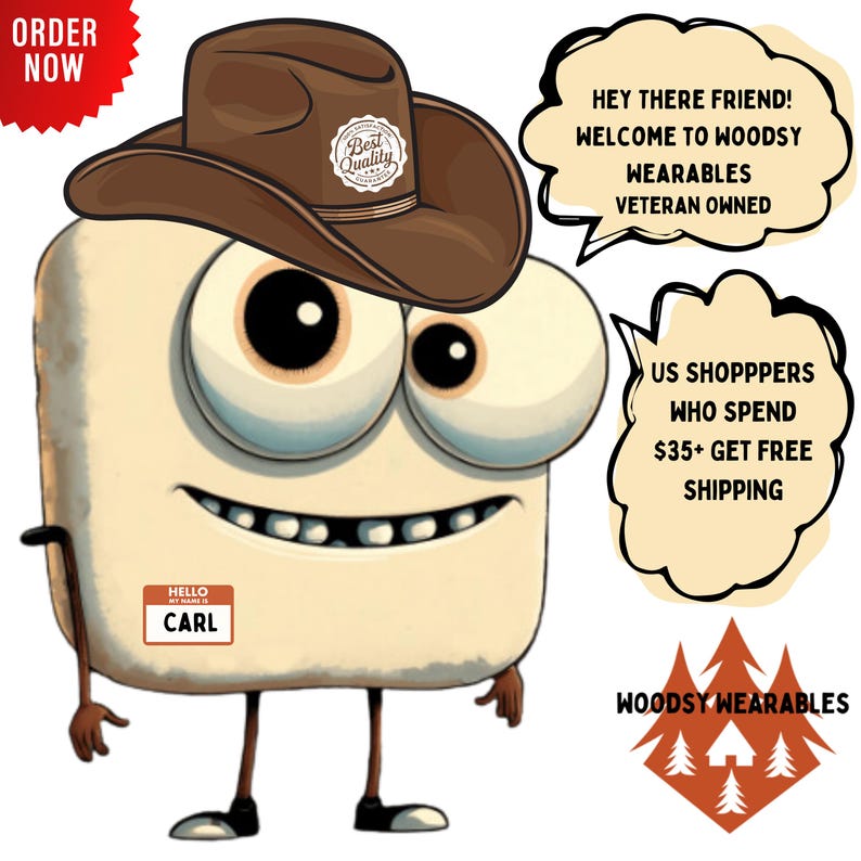 Cartoon character Carl, a friendly square figure with oversized eyes, a brown cowboy hat labeled “Best Quality,” and a name tag. Speech bubbles welcome shoppers and mention free U.S. shipping on $35+ orders. Woodsy Wearables logo included.