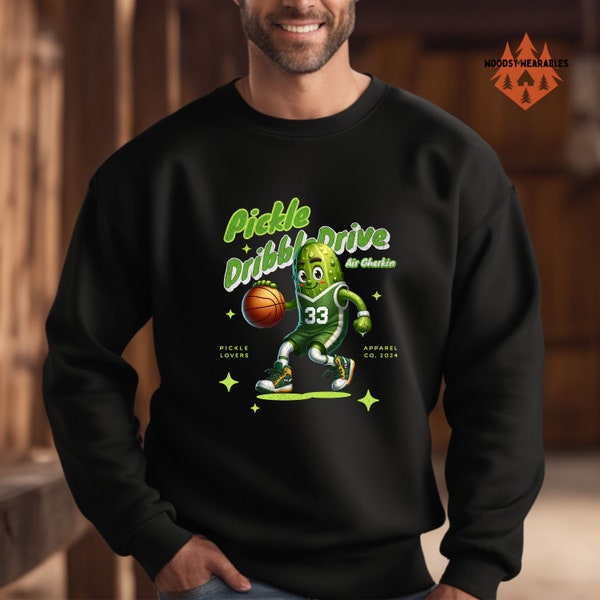 Dribble Pickle Cartoon Basketball Sweatshirt, Lighthearted Athletic Pullover, Gildan 18000