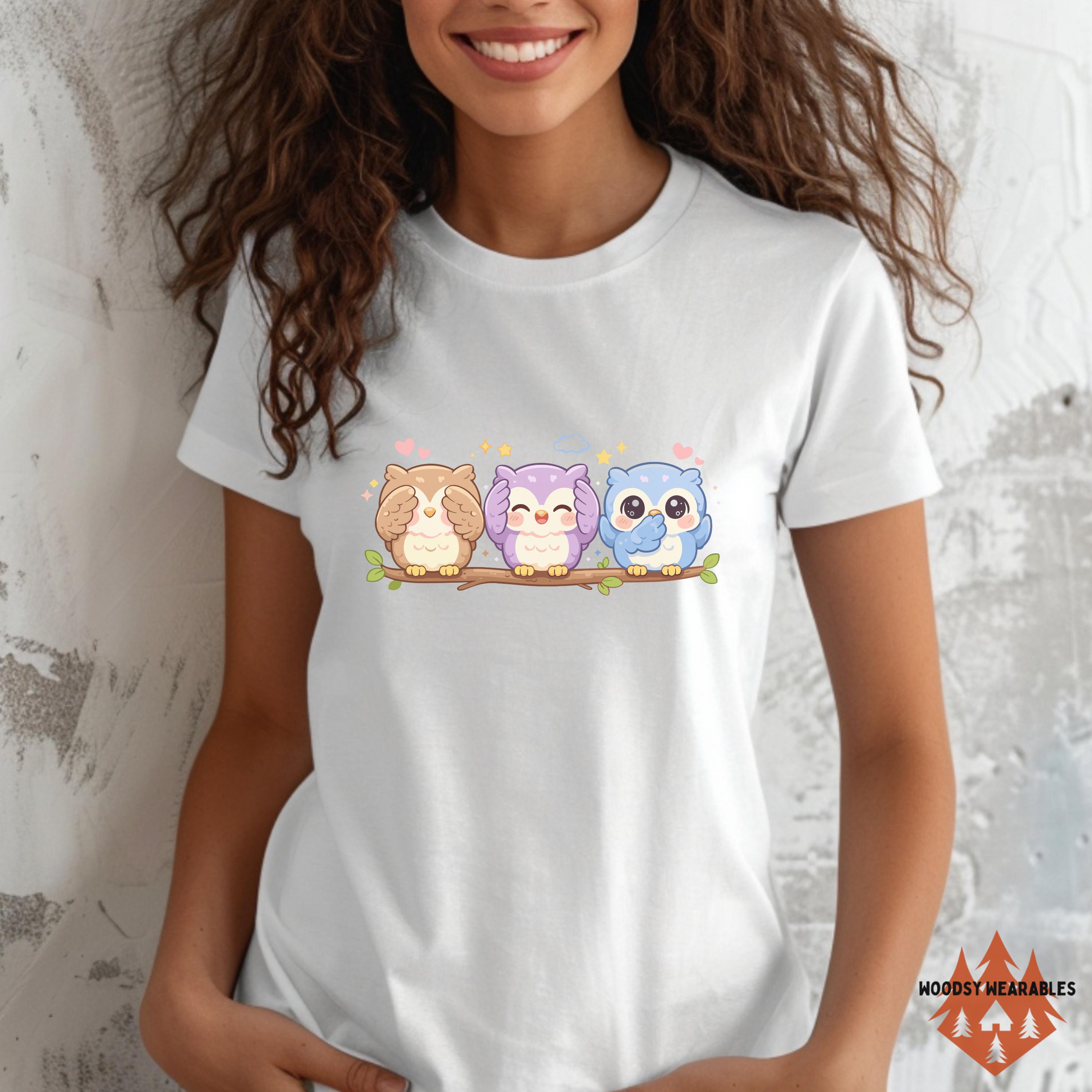 T-Shirt, Cute Owl Trio Graphic Tee, See No Evil Hear No Evil Speak No Evil Owls, Kawaii Animal Shirt