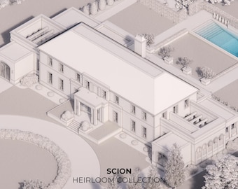 May include: An isometric architectural rendering of a large, white mansion with a swimming pool. The image includes the text "SCION HEIRLOOM COLLECTION" and a button that says "3D MODEL DOWNLOAD".