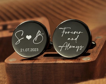 Gemelos de metal - Caja grabada opcional, gemelos personalizados para el día de la boda para novios, hombres, padre de la novia, novio, regalo del día de San Valentín, esposo