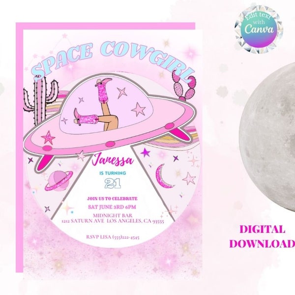 Editable Space Cowgirl invitation for a Space Cowgirl birthday! Space Cowgirl birthday, disco cowgirl birthday