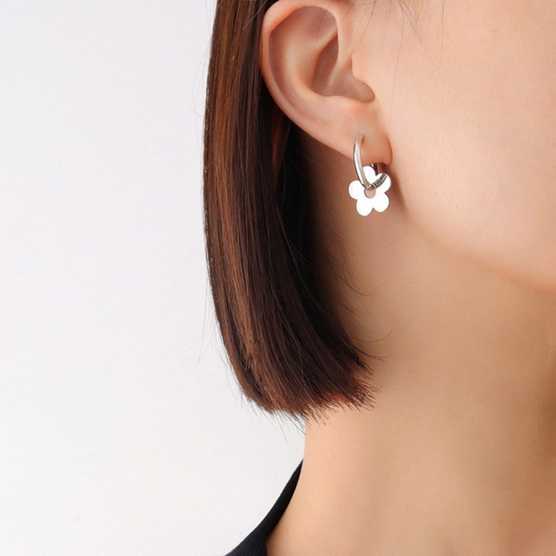 Crystal Flower Drop Huggie Hoop Earrings Pale Gold