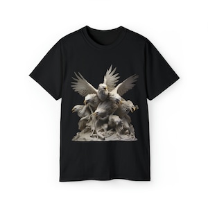 May include: Black t-shirt with a graphic print of a white sculpture of five eagles.
